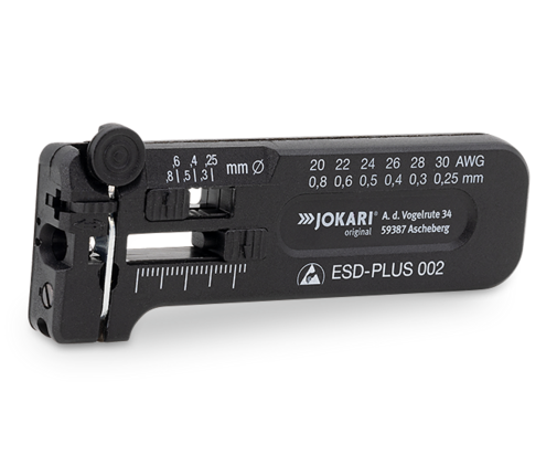 JOKARI Precision Wire Stripper PWS ESD-PLUS 002 made of electrostatically dissipative material for stripping fine conductors, strands and wires from 0.25 to 0.80 mm Ø