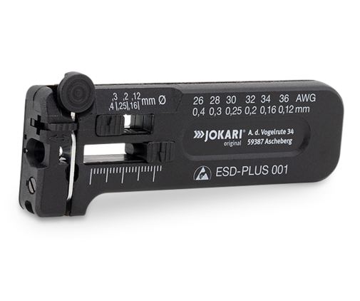 JOKARI Precision Wire Stripper PWS ESD-PLUS 001 made of electrostatically dissipative material for stripping fine conductors, strands and wires from 0.12 to 0.40 mm Ø